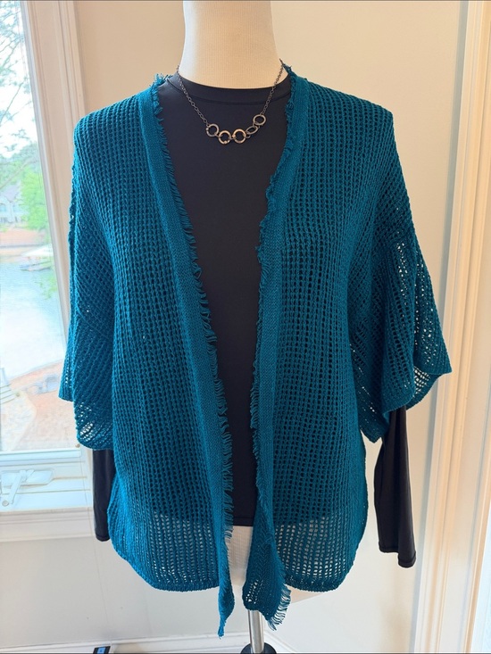 Eileen Fisher Sweaters - Eileen Fisher Organic Linen Teal Open-Weave Fringe Cardigan, Medium, Like New